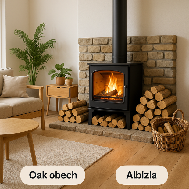 Intérieur chaleureux avec un poêle à bois et des bûches de chêne, hêtre et albizia, illustrant les choix de chauffage.