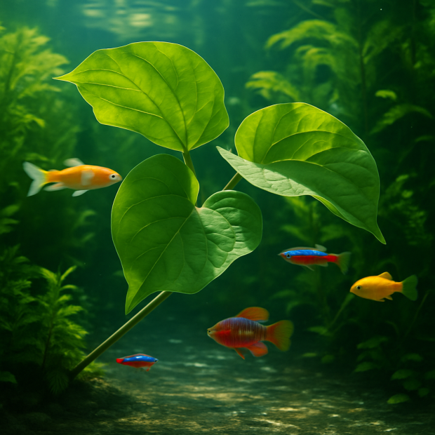 Des feuilles de catalpa dans un aquarium avec des poissons colorés et des plantes aquatiques.
