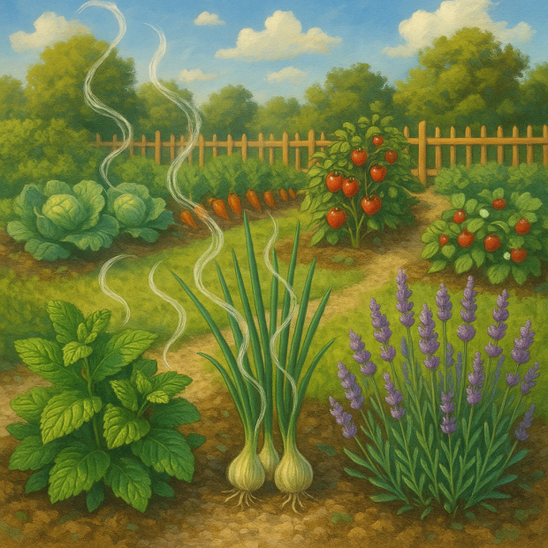 Un jardin verdoyant avec des herbes aromatiques et des légumes, symbolisant la lutte contre les mulots