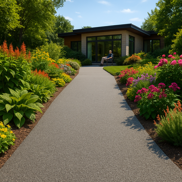 Un espace extérieur avec revêtement Hydroway entouré de verdure et d'une maison moderne