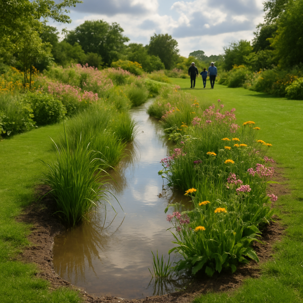 Noue drainante dans un jardin avec des plantes et des silhouettes de personnes