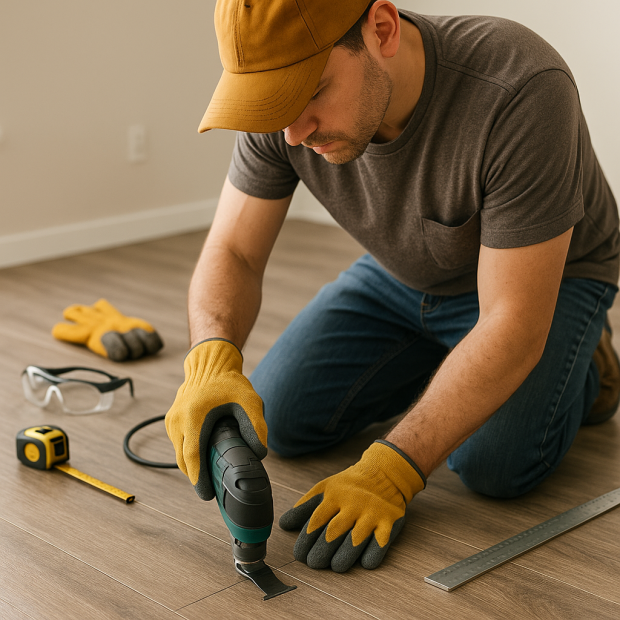 Artisan découpant une lame de parquet stratifié avec un outil multifonction dans un atelier de bricolage.