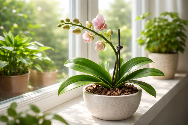 Orchidée en pleine croissance sur un rebord de fenêtre ensoleillé, entourée de verdure.