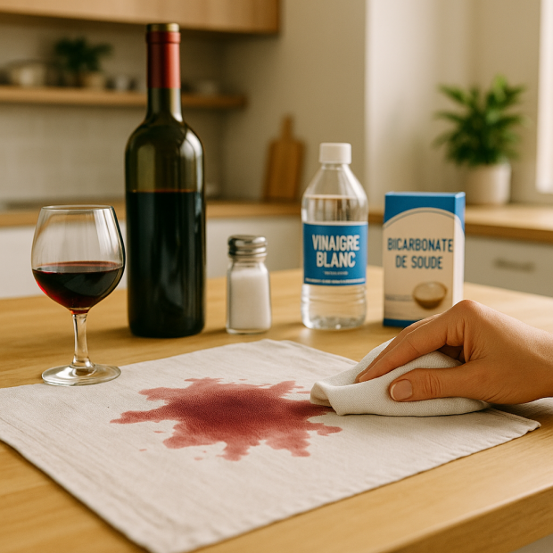 Une tache de vin rouge sur une nappe avec des ingrédients de nettoyage à proximité.