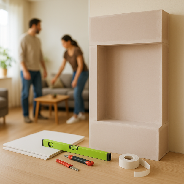 Coffrage en placo sans rail dans une pièce de vie moderne avec des matériaux de bricolage