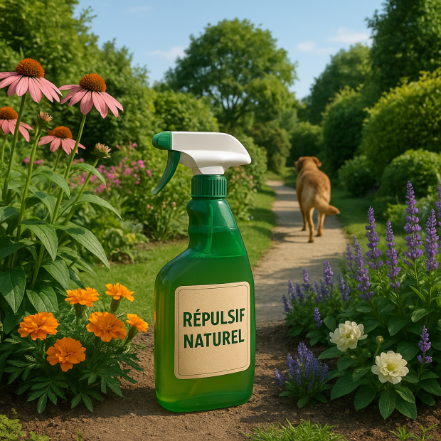 Flacon de répulsif naturel dans un jardin avec un chien qui s'éloigne.
