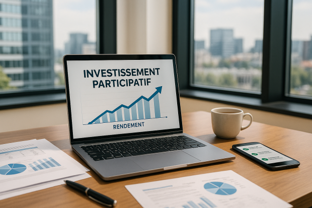 Scène d'investissement participatif sur une plateforme en ligne avec des outils financiers
