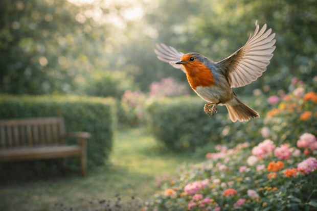 Un rouge-gorge en plein vol dans un jardin verdoyant, symbolisant la solitude et la beauté de la nature.