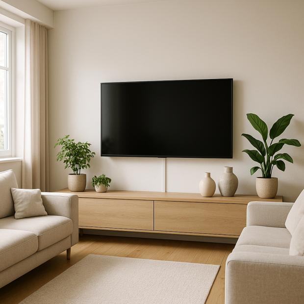 Salon moderne avec télévision murale et câbles dissimulés