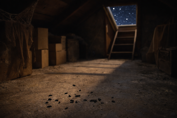 Scène d'un grenier sombre avec des signes d'infestation de rats, incluant des déjections sur le sol et une trappe ouverte.