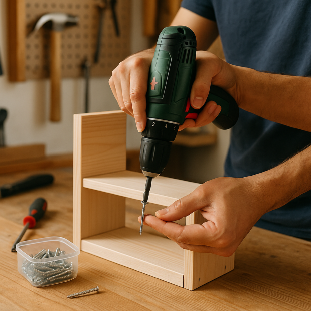 Personne en train de visser une vis avec une visseuse électrique dans un atelier de bricolage.